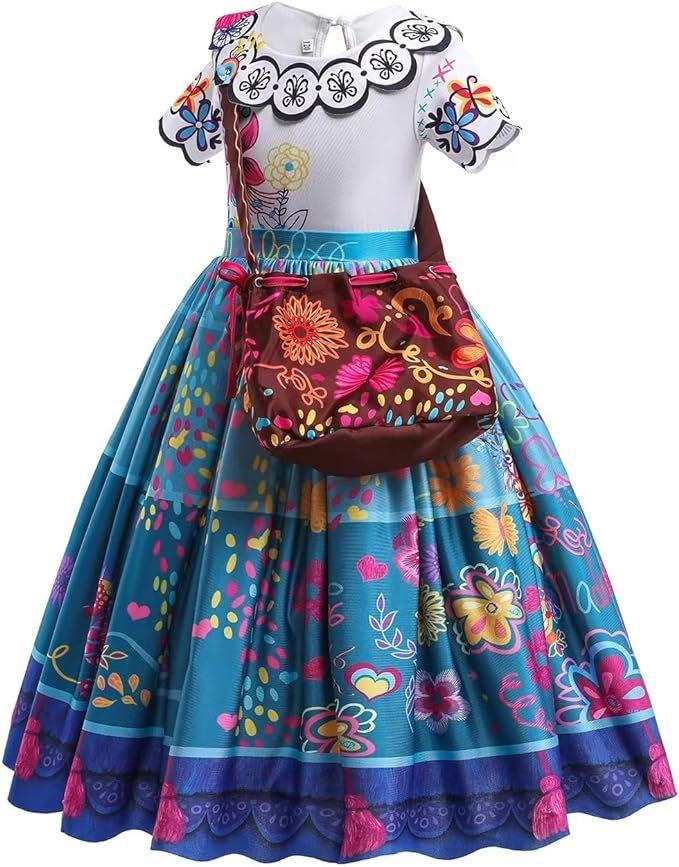 Rochie Mirabel pentru copii, Set cu cercei+ochelari si geanta, EvrikaUnity®, Encanto, Tesatura Premium, 4 - 5 ani, 120 cm, Alb/Albastru - costumecarnaval - serbare.ro