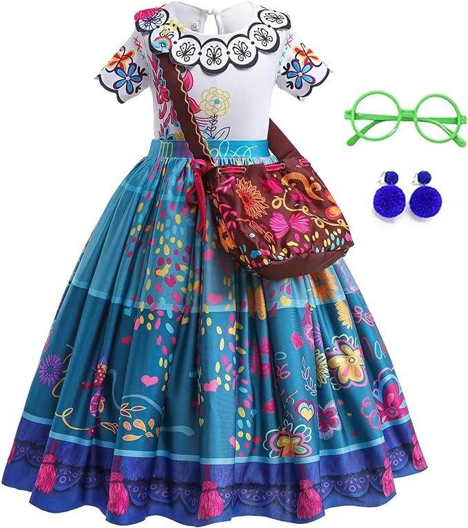 Rochie Mirabel pentru copii, Set cu cercei+ochelari si geanta, EvrikaUnity®, Encanto, Tesatura Premium, 4 - 5 ani, 120 cm, Alb/Albastru - costumecarnaval - serbare.ro
