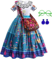 Rochie Mirabel pentru copii, Set cu cercei+ochelari si geanta, EvrikaUnity®, Encanto, Tesatura Premium, 4 - 5 ani, 120 cm, Alb/Albastru - costumecarnaval - serbare.ro