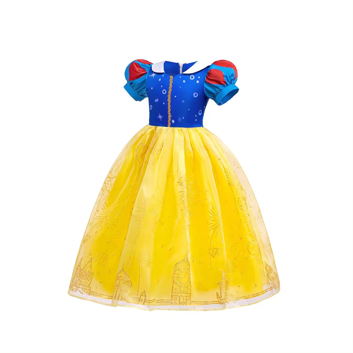 Rochie Printesa Alba ca Zapada pentru fete, Set cu Bentita, Coroana si Colier, EvrikaUnity®, Tesatura premium, 4 - 5 ani, 120 cm, Galben - costumecarnaval - serbare.ro