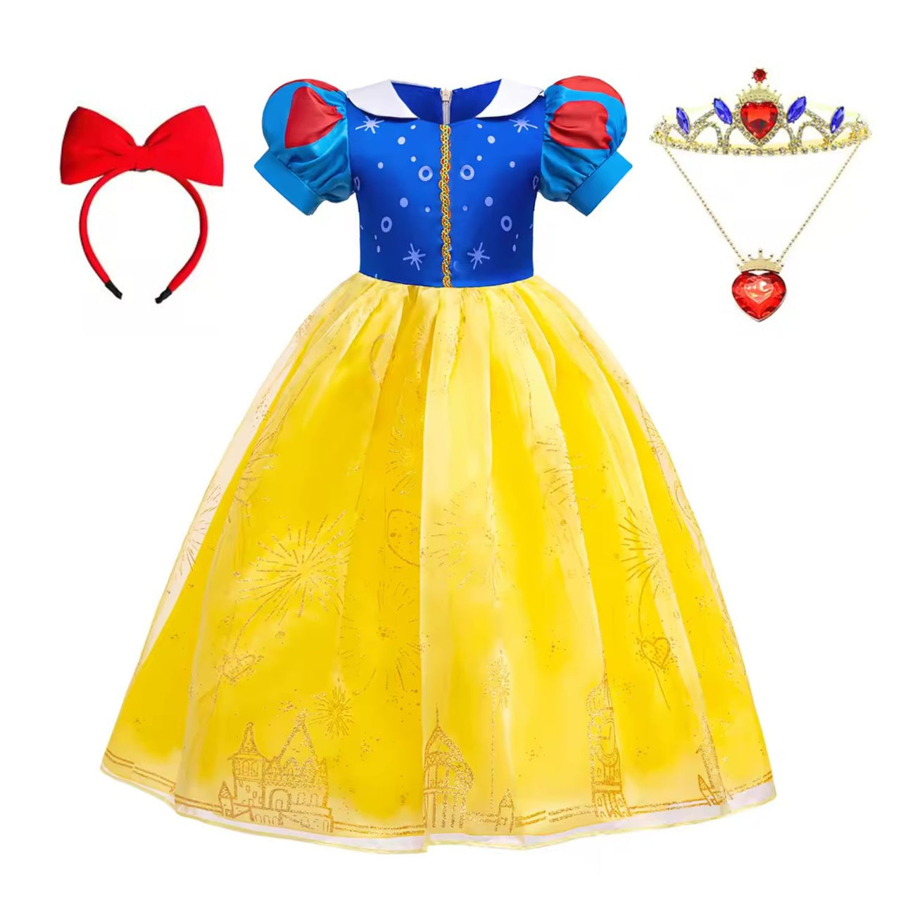 Rochie Printesa Alba ca Zapada pentru fete, Set cu Bentita, Coroana si Colier, EvrikaUnity®, Tesatura premium, 5 - 6 ani, 130 cm, Galben - costumecarnaval - serbare.ro
