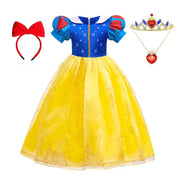 Rochie Printesa Alba ca Zapada pentru fete, Set cu Bentita, Coroana si Colier, EvrikaUnity®, Tesatura premium, 6 - 7 ani, 140 cm, Galben - costumecarnaval - serbare.ro