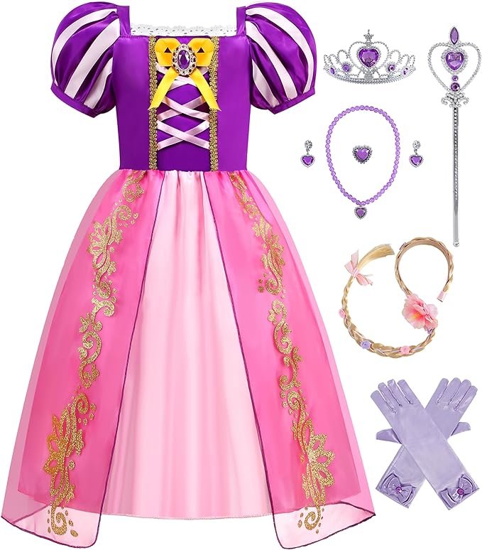 Rochie Printesa Rapunzel pentru copii, Set Bentita cu coada impletita, Coronita si Accesorii, EvrikaUnity®, Tesatura Premium, 4 - 5 ani, 120 cm, Roz/ Mov - costumecarnaval - serbare.ro