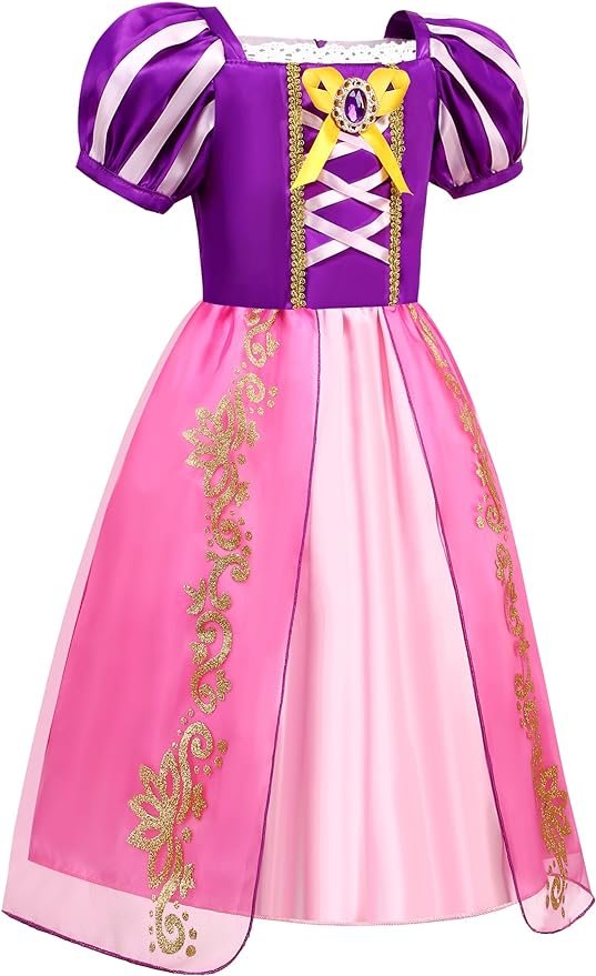 Rochie Printesa Rapunzel pentru copii, Set Bentita cu coada impletita, Coronita si Accesorii, EvrikaUnity®, Tesatura Premium, 6 - 7 ani, 140 cm, Roz/ Mov - costumecarnaval - serbare.ro