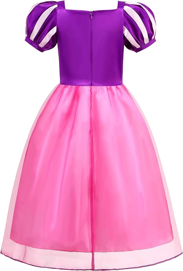 Rochie Printesa Rapunzel pentru copii, Set Bentita cu coada impletita, Coronita si Accesorii, EvrikaUnity®, Tesatura Premium, 6 - 7 ani, 140 cm, Roz/ Mov - costumecarnaval - serbare.ro