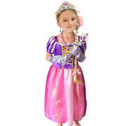 Rochie Printesa Rapunzel pentru copii, Set Bentita cu coada impletita, Coronita si Accesorii, EvrikaUnity®, Tesatura Premium, 6 - 7 ani, 140 cm, Roz/ Mov - costumecarnaval - serbare.ro
