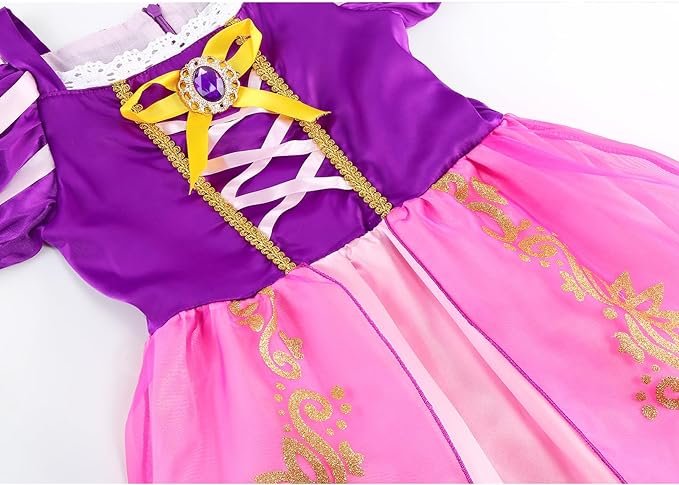 Rochie Printesa Rapunzel pentru copii, Set Bentita cu coada impletita, Coronita si Accesorii, EvrikaUnity®, Tesatura Premium, 6 - 7 ani, 140 cm, Roz/ Mov - costumecarnaval - serbare.ro