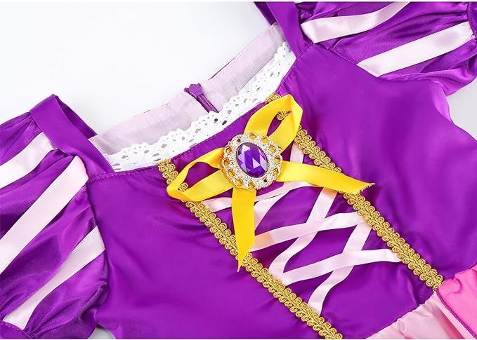 Rochie Printesa Rapunzel pentru copii, Set Bentita cu coada impletita, Coronita si Accesorii, EvrikaUnity®, Tesatura Premium, 6 - 7 ani, 140 cm, Roz/ Mov - costumecarnaval - serbare.ro