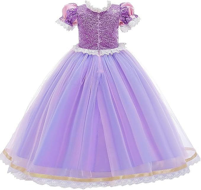 Rochie Printesa Rapunzel pentru Copii, Set cu Bentita cu coada, Coronita si Accesorii, EvrikaUnity®, Tesatura premium, 3 - 4 ani, 110 cm, Multicolor - costumecarnaval - serbare.ro