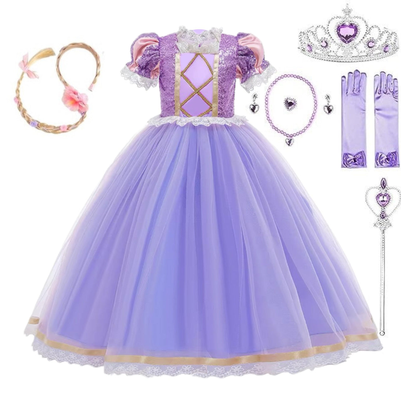 Rochie Printesa Rapunzel pentru Copii, Set cu Bentita cu coada, Coronita si Accesorii, EvrikaUnity®, Tesatura premium, 3 - 4 ani, 110 cm, Multicolor - costumecarnaval - serbare.ro