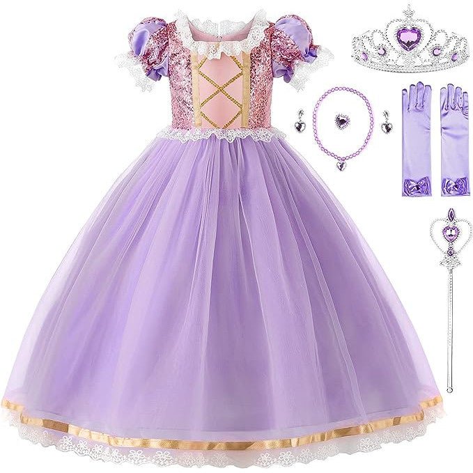 Rochie Printesa Rapunzel pentru Copii, Set cu Coronita si Accesorii, EvrikaUnity®, Tesatura premium, 4 - 5 ani, 120 cm, Roz / Mov Royal - costumecarnaval - serbare.ro