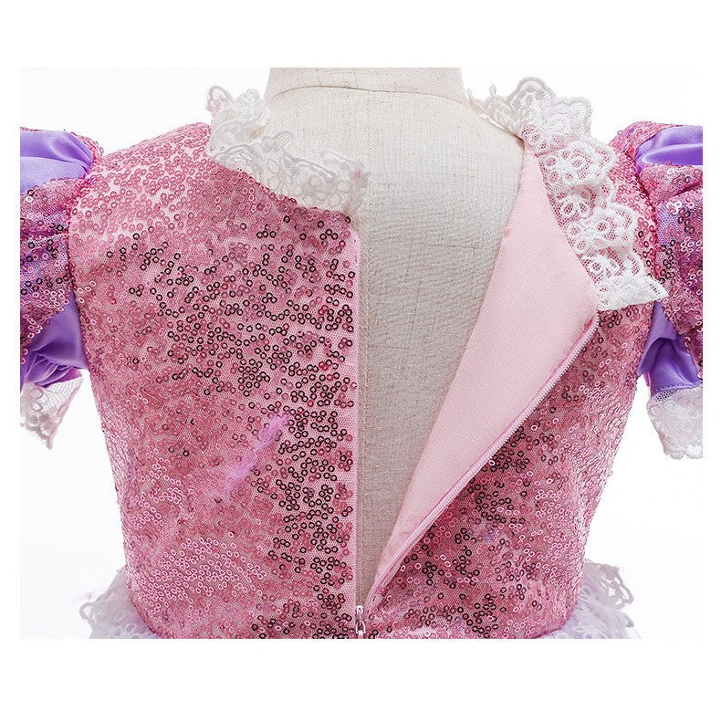 Rochie Printesa Rapunzel pentru Copii, Set cu Coronita si Accesorii, EvrikaUnity®, Tesatura premium, 5 - 6 ani, 130 cm, Roz / Mov Royal - costumecarnaval - serbare.ro