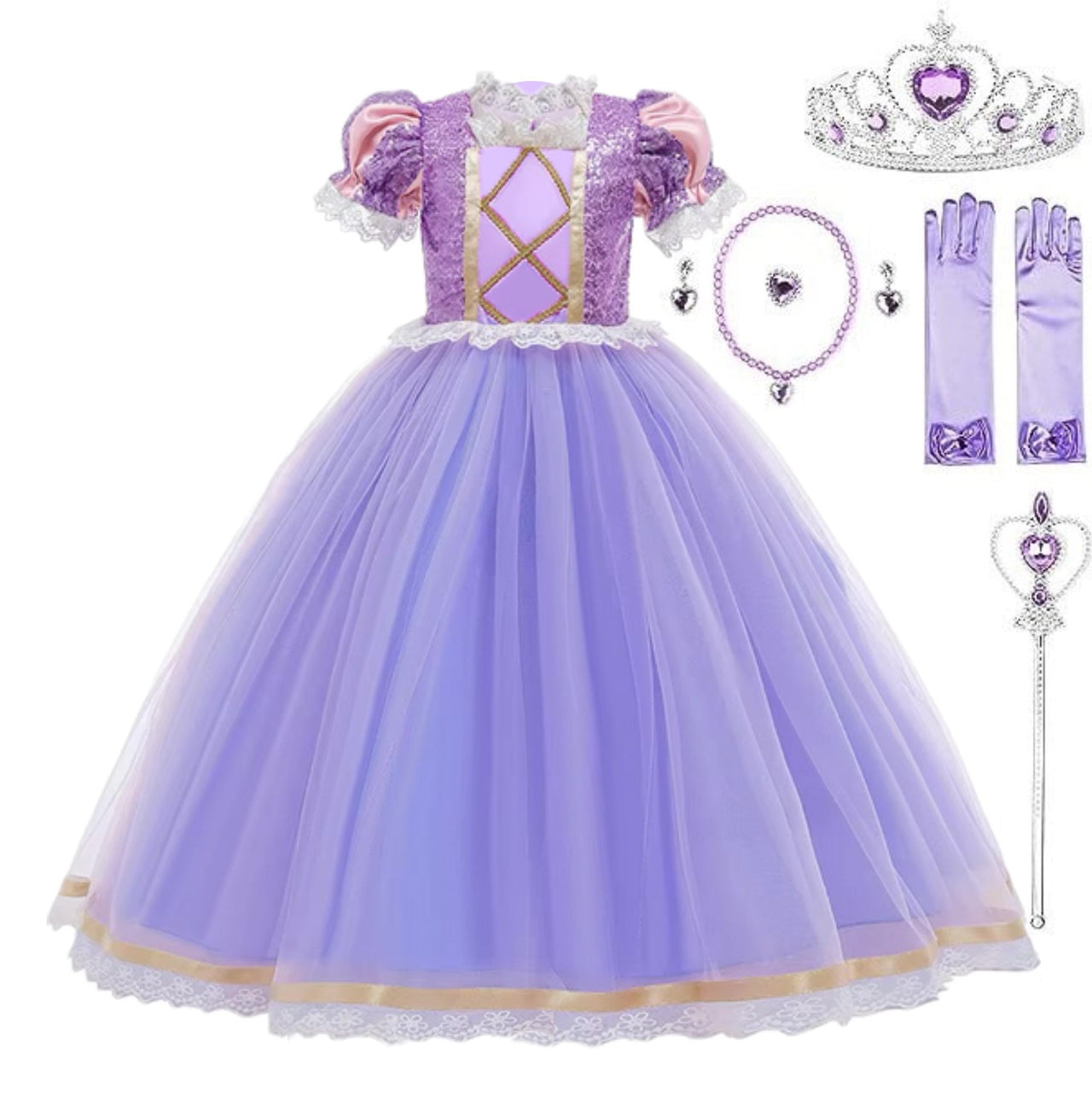 Rochie Printesa Rapunzel pentru Copii, Set cu Coronita si Accesorii, EvrikaUnity®, Tesatura premium, 6 - 7 ani, 140 cm, Mov - costumecarnaval - serbare.ro