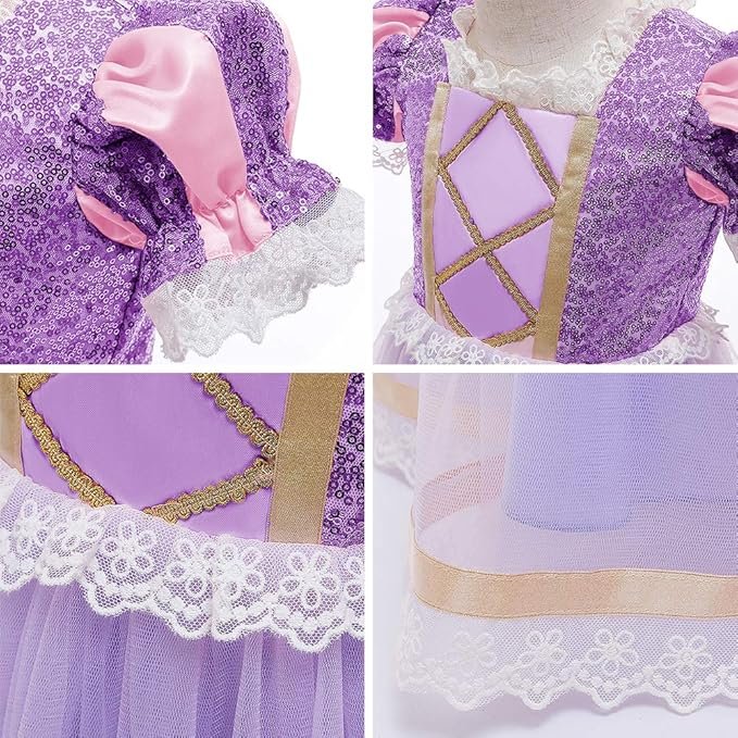 Rochie Printesa Rapunzel pentru Copii, Set cu Coronita si Accesorii, EvrikaUnity®, Tesatura premium, 6 - 7 ani, 140 cm, Mov - costumecarnaval - serbare.ro