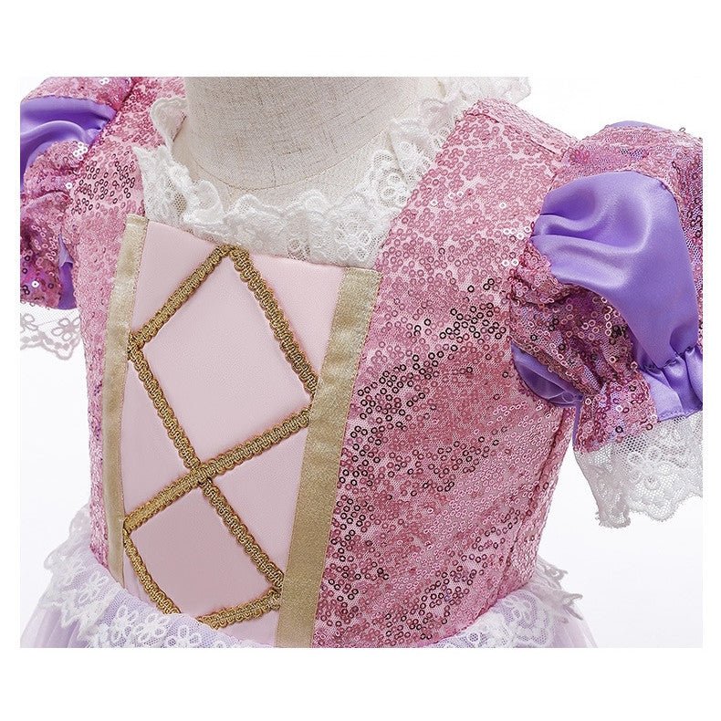 Rochie Printesa Rapunzel pentru Copii, Set cu Coronita si Accesorii, EvrikaUnity®, Tesatura premium, 6 - 7 ani, 140 cm, Roz / Mov Royal - costumecarnaval - serbare.ro
