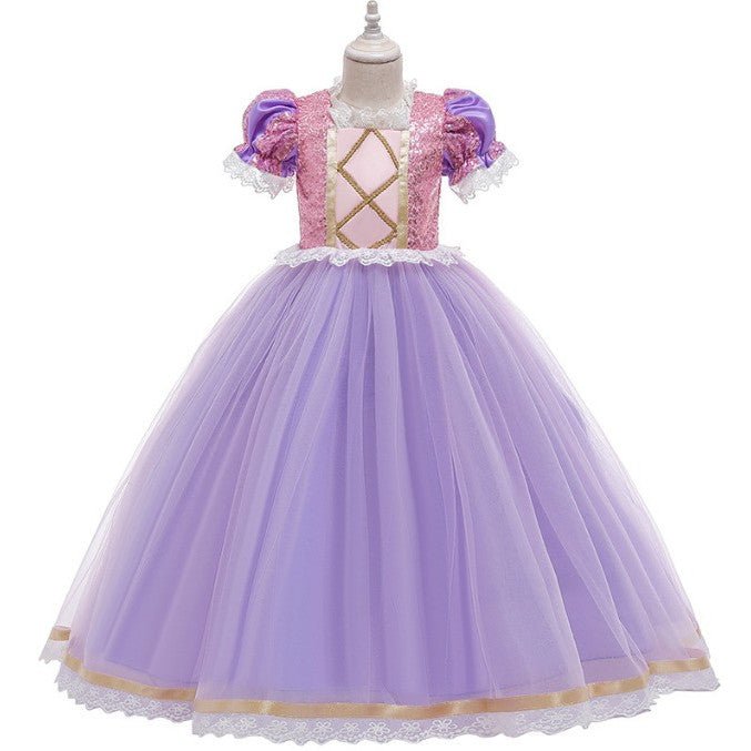 Rochie Printesa Rapunzel pentru Copii, Set cu Coronita si Accesorii, EvrikaUnity®, Tesatura premium, 7 - 8 ani, 150 cm, Roz / Mov Royal - costumecarnaval - serbare.ro