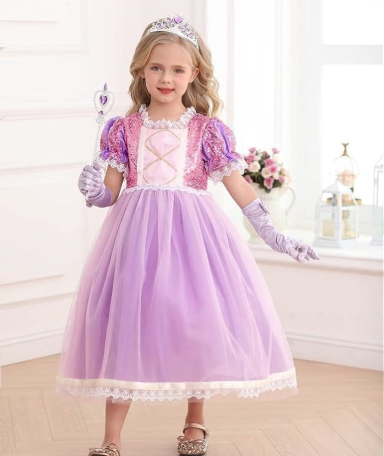 Rochie Printesa Rapunzel pentru Fete, Set cu Coronita, Bentita cu coada si Accesorii, EvrikaUnity®, Tesatura premium, 6 - 7 ani, 140 cm, Roz - costumecarnaval - serbare.ro