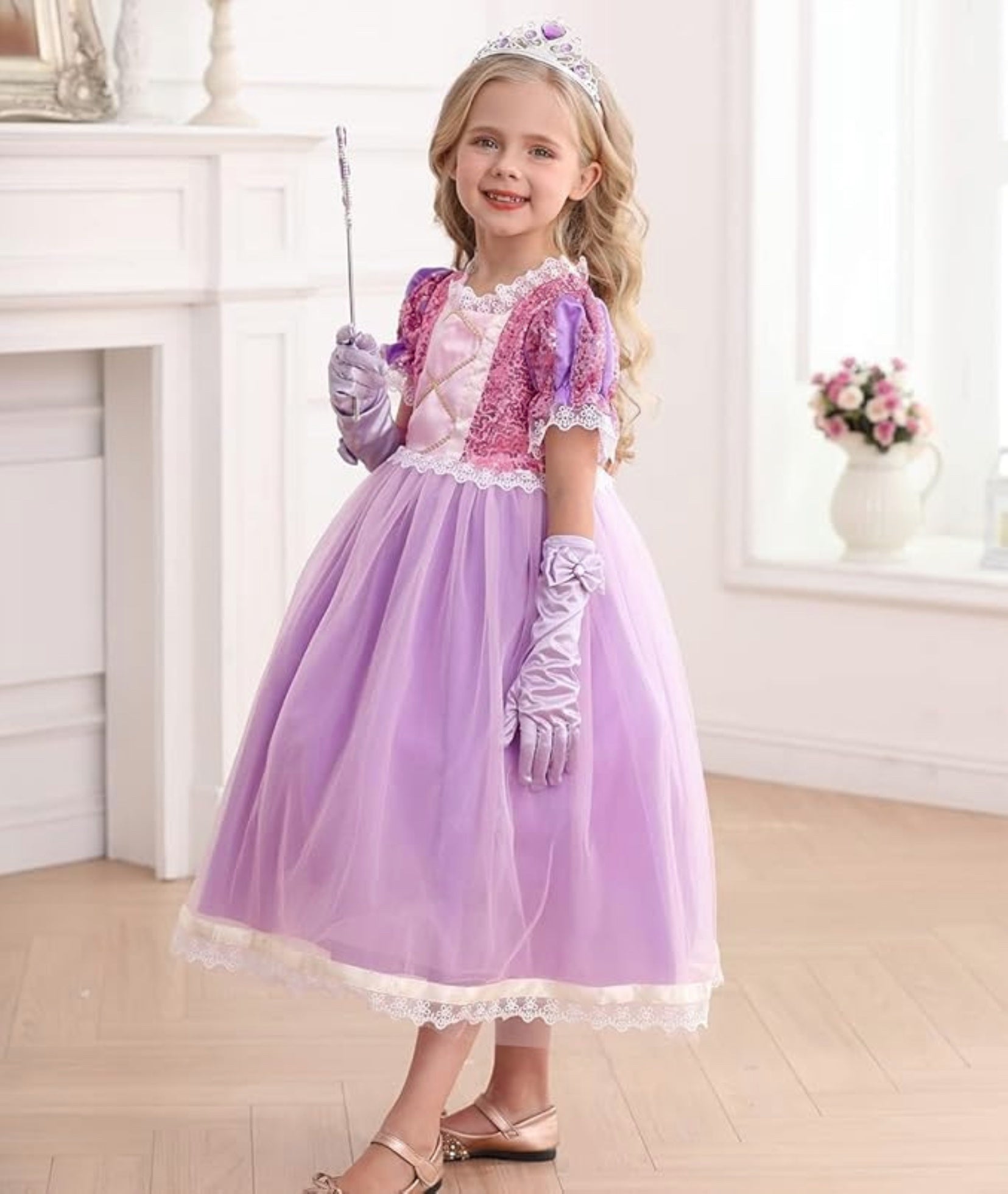 Rochie Printesa Rapunzel pentru Fete, Set cu Coronita, Bentita cu coada si Accesorii, EvrikaUnity®, Tesatura premium, 6 - 7 ani, 140 cm, Roz - costumecarnaval - serbare.ro