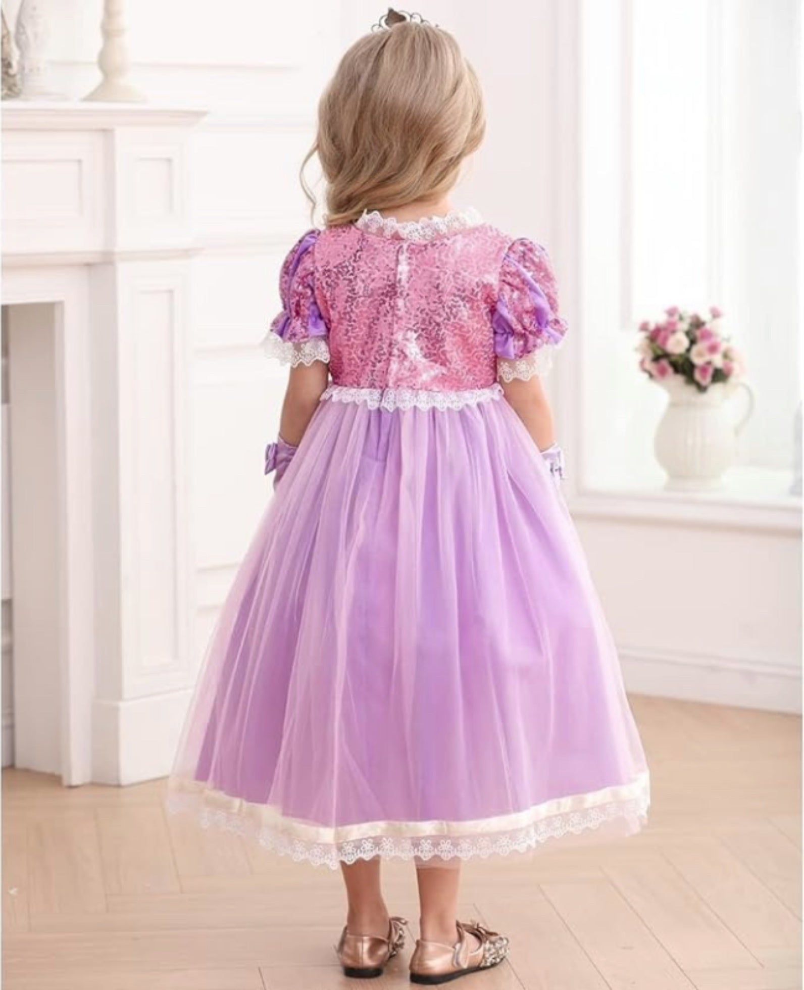 Rochie Printesa Rapunzel pentru Fete, Set cu Coronita, Bentita cu coada si Accesorii, EvrikaUnity®, Tesatura premium, 6 - 7 ani, 140 cm, Roz - costumecarnaval - serbare.ro
