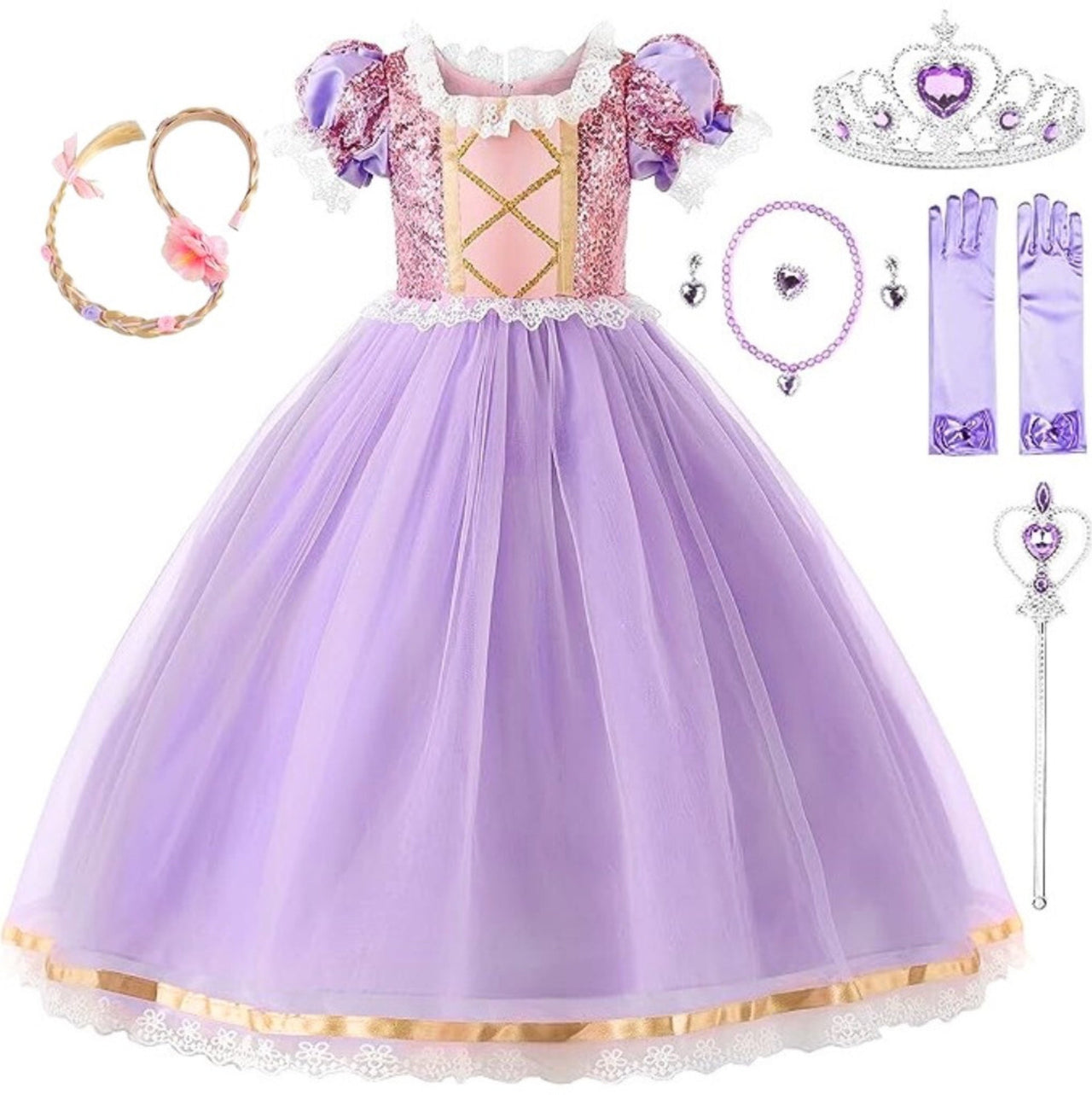 Rochie Printesa Rapunzel pentru Fete, Set cu Coronita, Bentita cu coada si Accesorii, EvrikaUnity®, Tesatura premium, 6 - 7 ani, 140 cm, Roz - costumecarnaval - serbare.ro