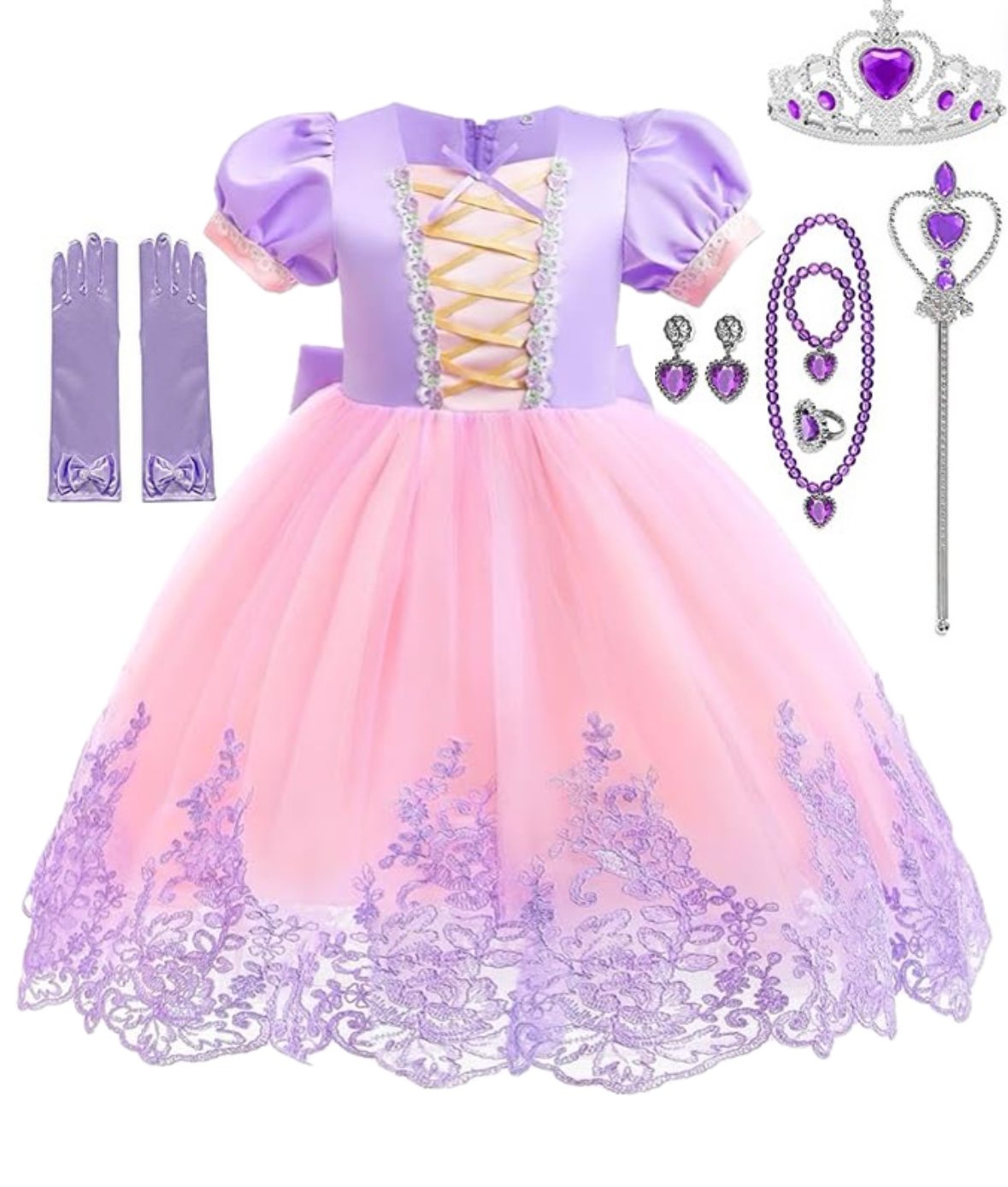 Rochie Printesa Rapunzel pentru fete, Set cu Coronita si Accesorii, EvrikaUnity®, Tesatura premium, 4 - 5 ani, 120 cm, Roz - costumecarnaval - serbare.ro