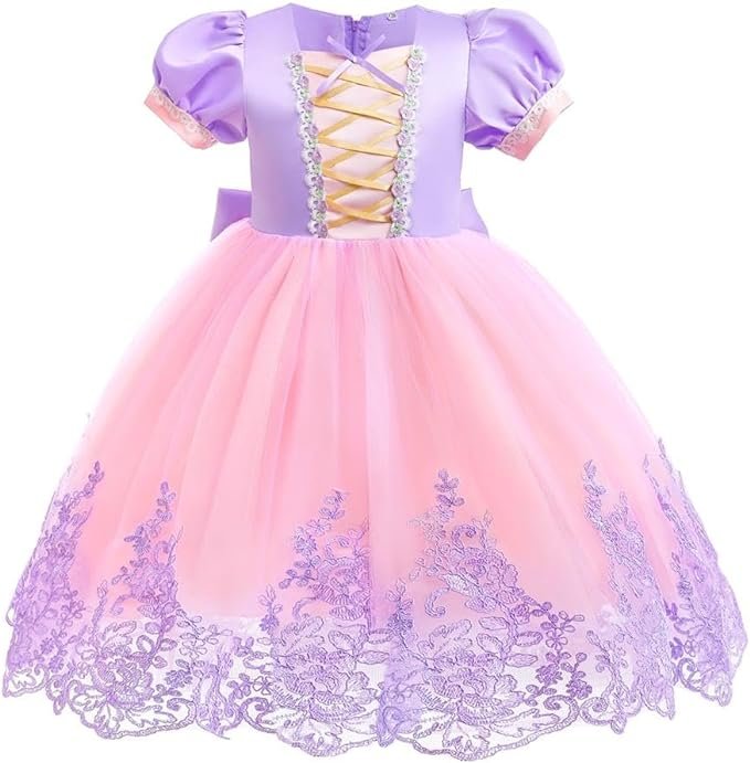 Rochie Printesa Rapunzel pentru fete, Set cu Coronita si Accesorii, EvrikaUnity®, Tesatura premium, 5 - 6 ani, 130 cm, Roz - costumecarnaval - serbare.ro
