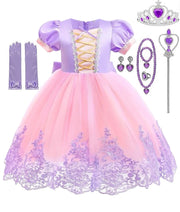Rochie Printesa Rapunzel pentru fete, Set cu Coronita si Accesorii, EvrikaUnity®, Tesatura premium, 5 - 6 ani, 130 cm, Roz - costumecarnaval - serbare.ro
