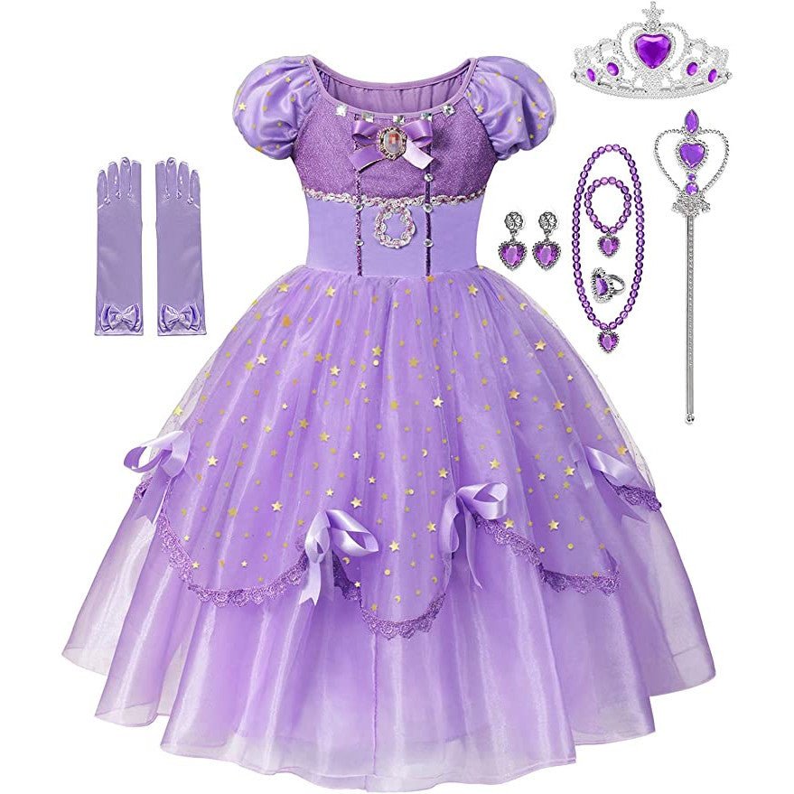 Rochie Printesa Sofia pentru Fete, Set cu Coronita si Accesorii, EvrikaUnity®, Tesaturi premium, 4 - 5 ani, 120 cm, Mov - costumecarnaval - serbare.ro