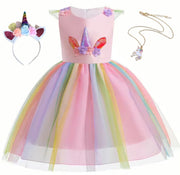 Rochie Unicorn pentru Fetite, Set cu Bentita si Colier, EvrikaUnity®, Tesatura Premium, 5 - 6 ani, 130 cm, Roz - costumecarnaval - serbare.ro