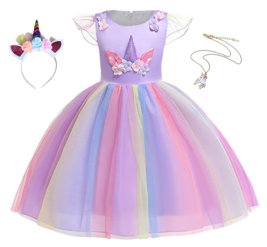 Rochie Unicorn pentru Fetite, Set cu Bentita si Colier, EvrikaUnity®, Tesatura Premium, 6 - 7 ani, 140 cm, Mov - costumecarnaval - serbare.ro