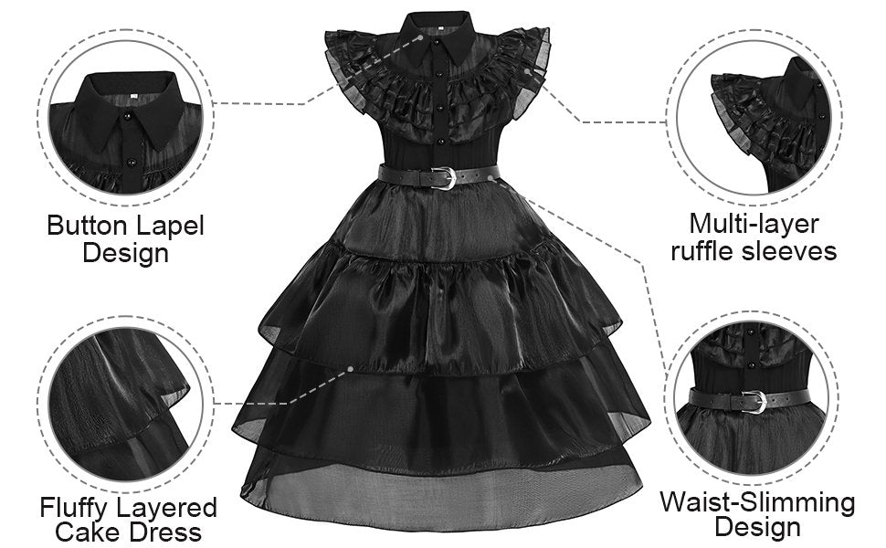 Rochie Wednesday pentru Fete, Set cu Peruca, Bijuterii si Accesorii, EvrikaUnity®, Tesatura premium, 5 - 6 ani, 130 cm, Negru - costumecarnaval - serbare.ro