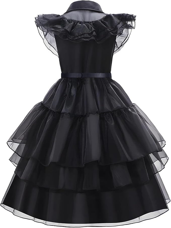 Rochie Wednesday pentru Fete, Set cu Peruca, Bijuterii si Accesorii, EvrikaUnity®, Tesatura premium, 6 - 7 ani, 140 cm, Negru - costumecarnaval - serbare.ro