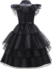 Rochie Wednesday pentru Fete, Set cu Peruca, Bijuterii si Accesorii, EvrikaUnity®, Tesatura premium, 6 - 7 ani, 140 cm, Negru - costumecarnaval - serbare.ro