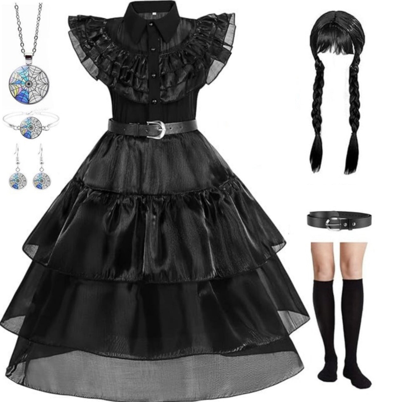Rochie Wednesday pentru Fete, Set cu Peruca, Bijuterii si Accesorii, EvrikaUnity®, Tesatura premium, 6 - 7 ani, 140 cm, Negru - costumecarnaval - serbare.ro