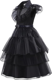 Rochie Wednesday pentru Fete, Set cu Peruca, Bijuterii si Accesorii, EvrikaUnity®, Tesatura premium, 7 - 8 ani, 150 cm, Negru - costumecarnaval - serbare.ro