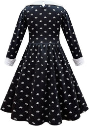 Rochie Wednesday pentru Fete, Set cu Peruca, Geanta si Sosete, EvrikaUnity®, Tesatura premium, 6 - 7 ani, 140 cm, Negru/Alb - costumecarnaval - serbare.ro