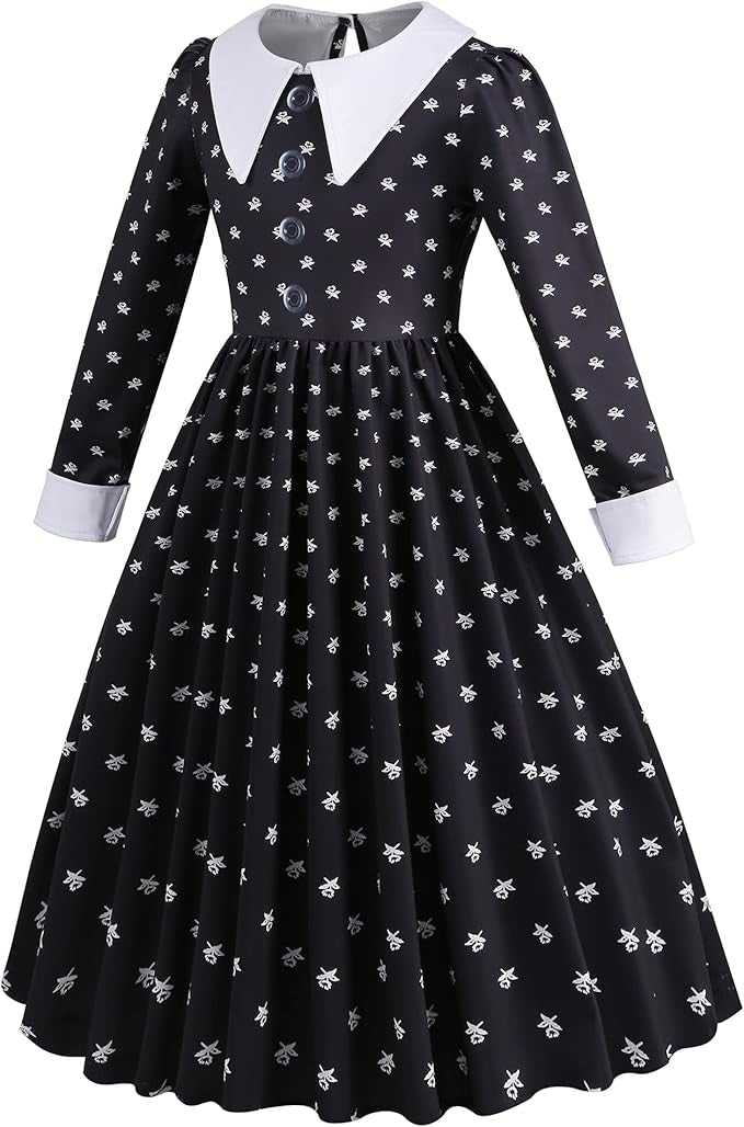 Rochie Wednesday pentru Fete, Set cu Peruca, Geanta si Sosete, EvrikaUnity®, Tesatura premium, 6 - 7 ani, 140 cm, Negru/Alb - costumecarnaval - serbare.ro