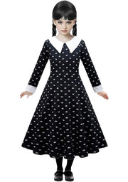 Rochie Wednesday pentru Fete, Set cu Peruca, Geanta si Sosete, EvrikaUnity®, Tesatura premium, 6 - 7 ani, 140 cm, Negru/Alb - costumecarnaval - serbare.ro