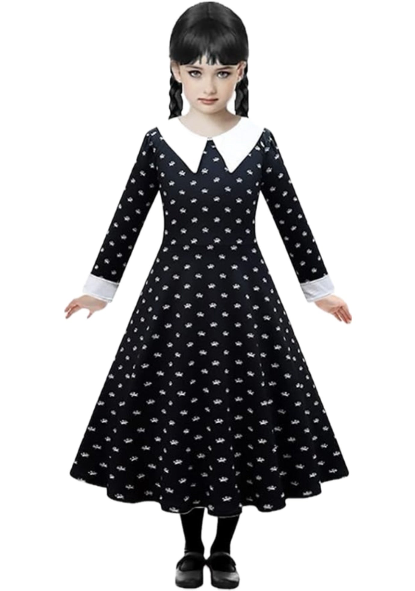 Rochie Wednesday pentru Fete, Set cu Peruca, Geanta si Sosete, EvrikaUnity®, Tesatura premium, 6 - 7 ani, 140 cm, Negru/Alb - costumecarnaval - serbare.ro