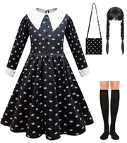 Rochie Wednesday pentru Fete, Set cu Peruca, Geanta si Sosete, EvrikaUnity®, Tesatura premium, 6 - 7 ani, 140 cm, Negru/Alb - costumecarnaval - serbare.ro