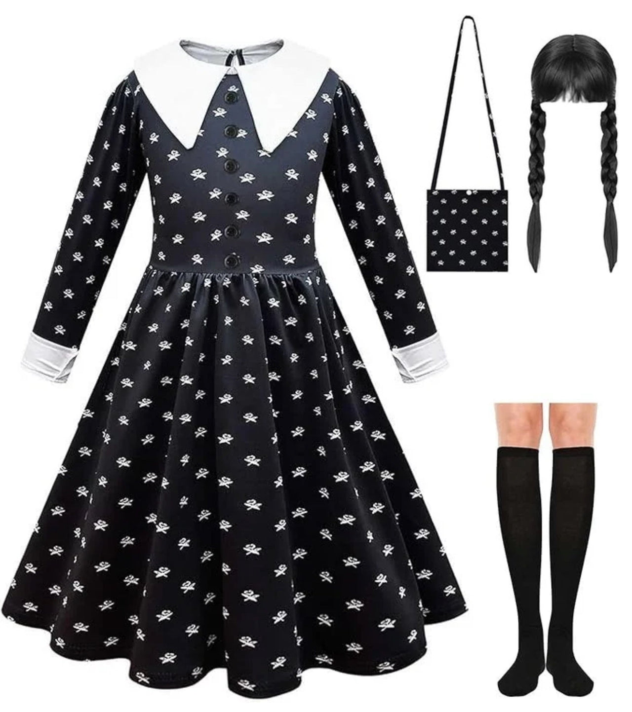 Rochie Wednesday pentru Fete, Set cu Peruca, Geanta si Sosete, EvrikaUnity®, Tesatura premium, 7 - 8 ani, 150 cm, Negru/Alb - costumecarnaval - serbare.ro
