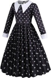 Rochie Wednesday pentru Fete, Set cu Peruca, Geanta si Sosete, EvrikaUnity®, Tesatura premium, 7 - 8 ani, 150 cm, Negru/Alb - costumecarnaval - serbare.ro