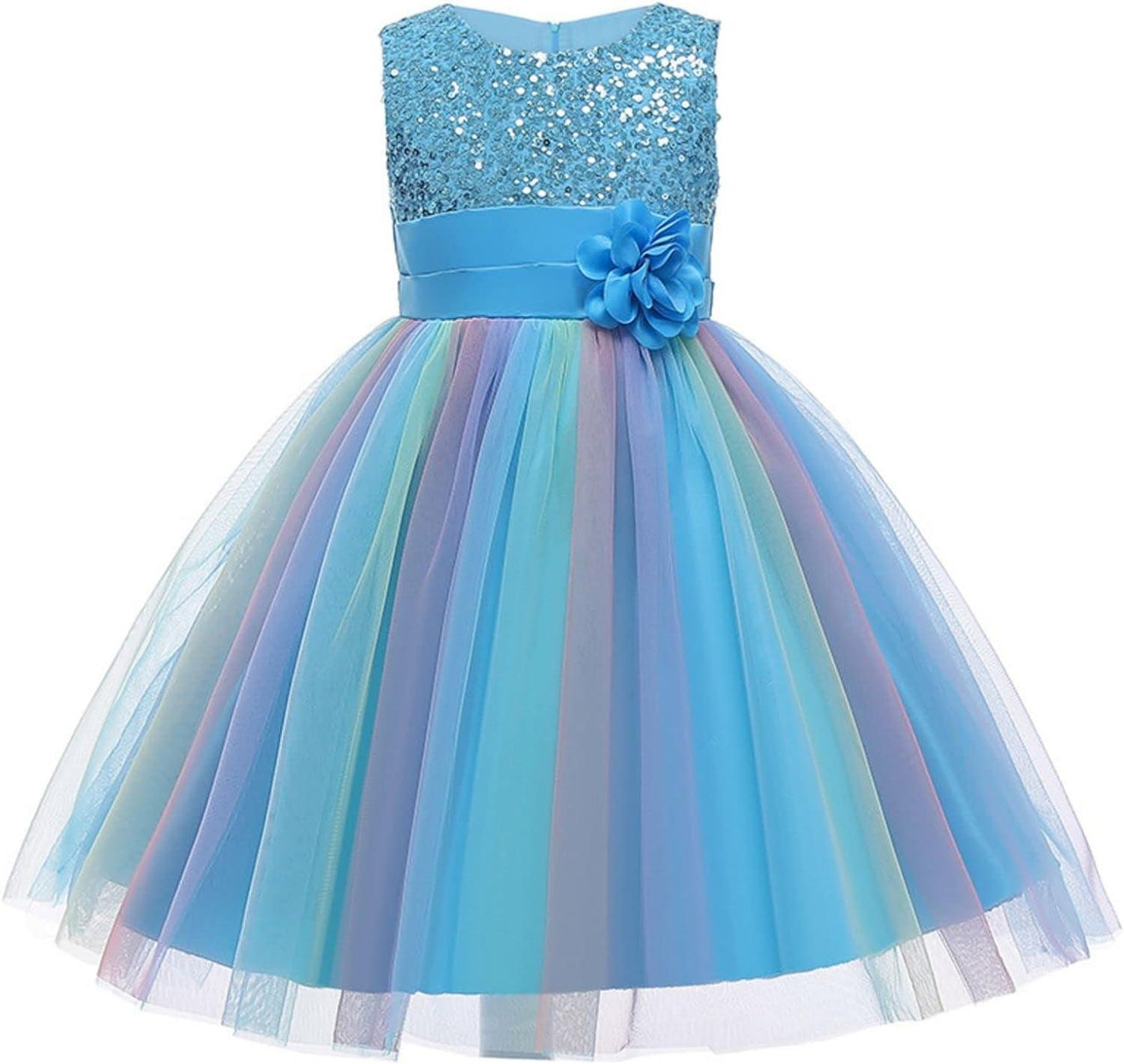 Rochita Curcubeu de Printesa pentru fete, Zi de zi, Petrecere, Tesatura Fina, 4 - 5 ani, 120 cm, Albastru - costumecarnaval - serbare.ro