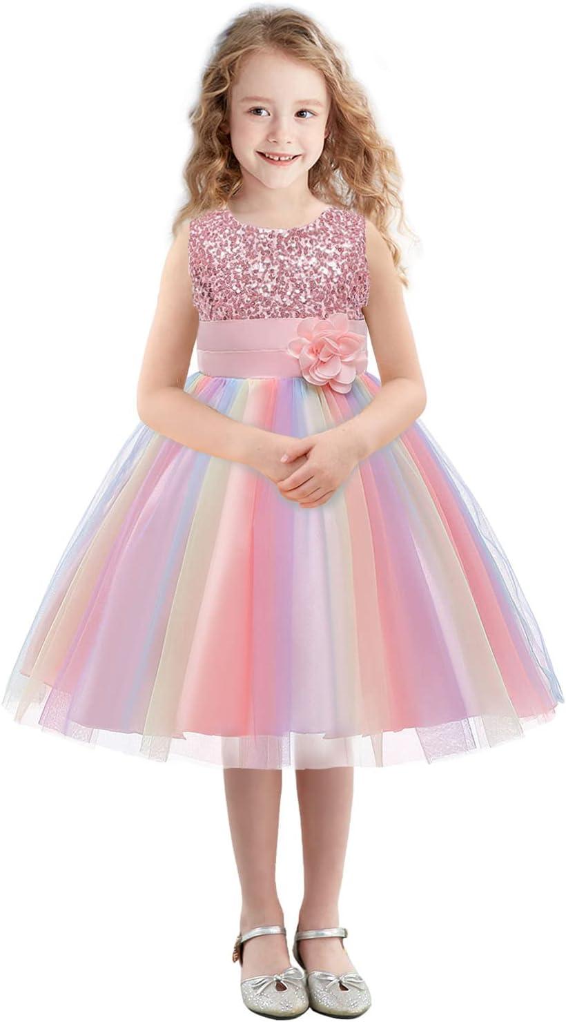 Rochita Curcubeu de Printesa pentru fete, Zi de zi, Petrecere, Tesatura Fina, 4 - 5 ani, 120 cm, Roz - costumecarnaval - serbare.ro