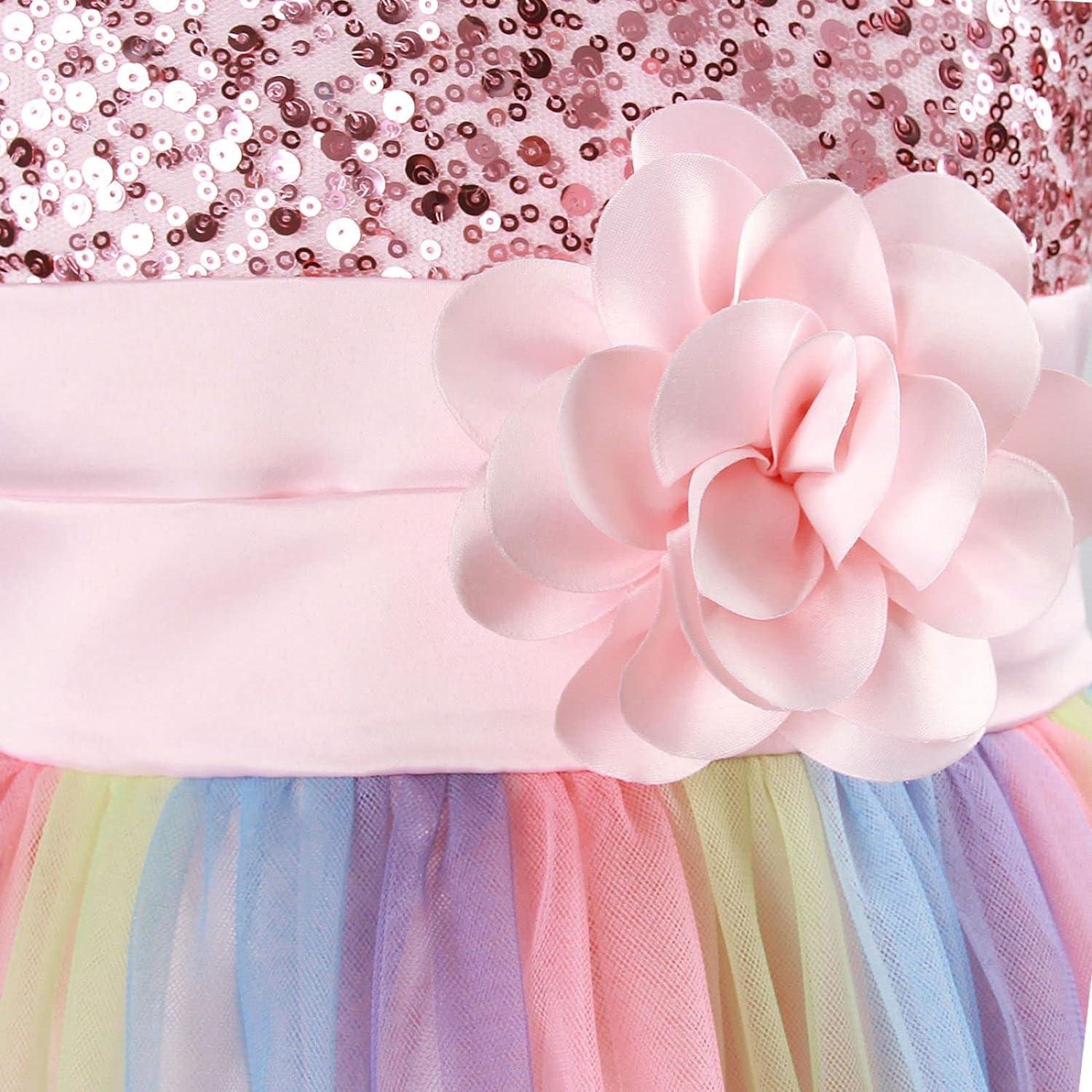Rochita Curcubeu de Printesa pentru fete, Zi de zi, Petrecere, Tesatura Fina, 4 - 5 ani, 120 cm, Roz - costumecarnaval - serbare.ro