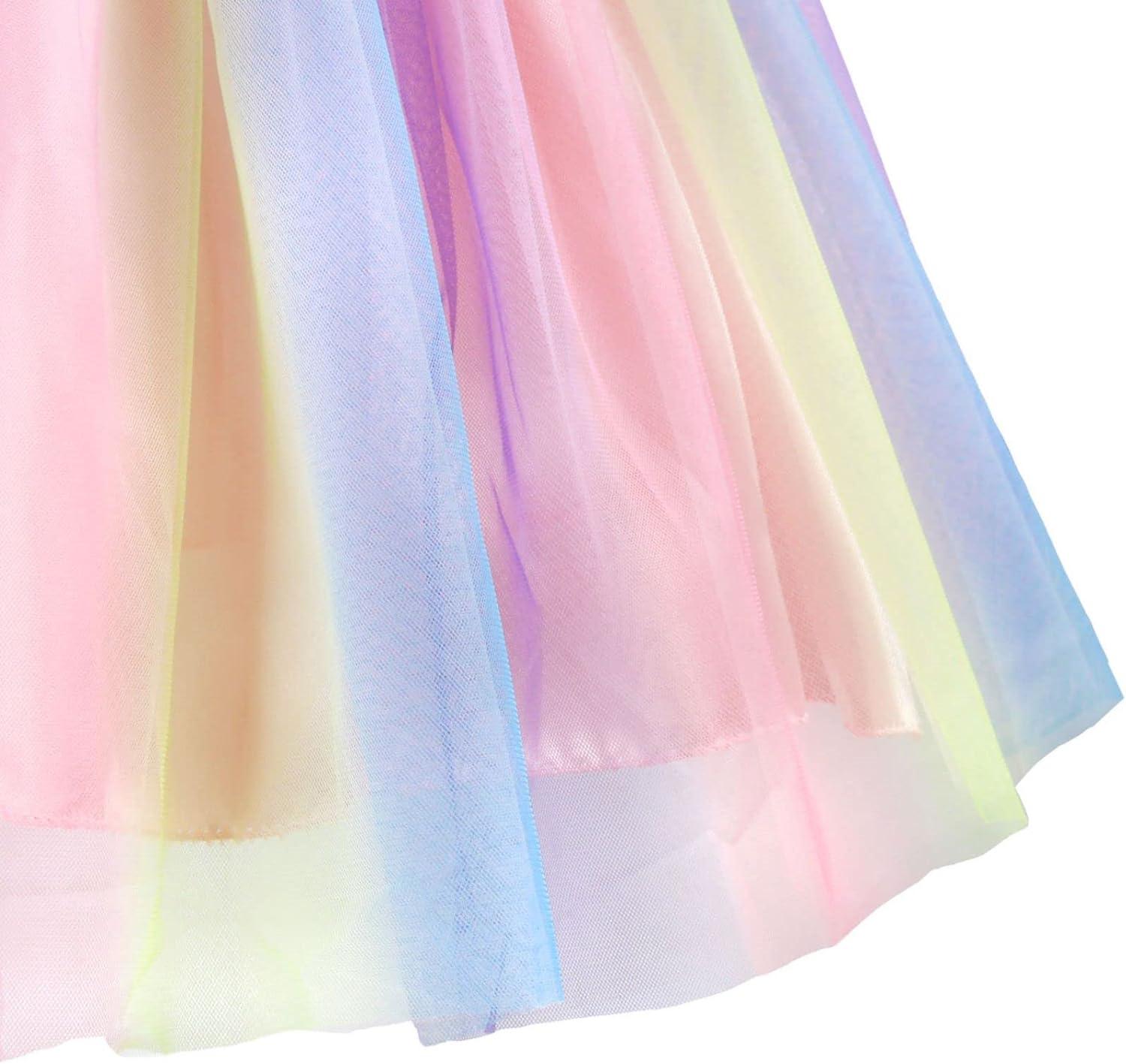 Rochita Curcubeu de Printesa pentru fete, Zi de zi, Petrecere, Tesatura Fina, 6 - 7 ani, 140 cm, Roz - costumecarnaval - serbare.ro