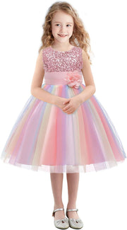 Rochita Curcubeu de Printesa pentru fete, Zi de zi, Petrecere, Tesatura Fina, 6 - 7 ani, 140 cm, Roz - costumecarnaval - serbare.ro
