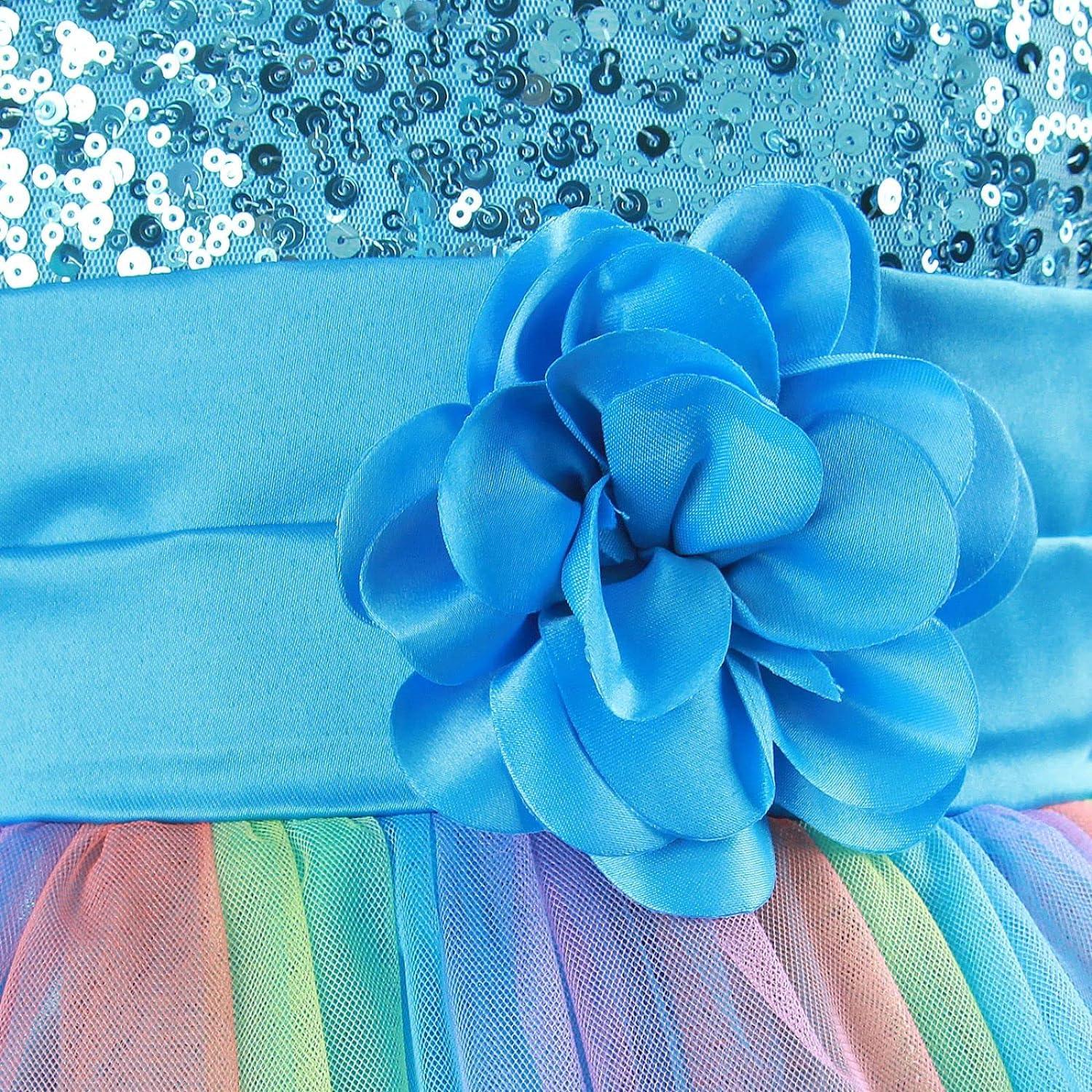 Rochita Curcubeu de Printesa pentru fete, Zi de zi, Petrecere, Tesatura Fina, 7 - 8 ani, 150 cm, Albastru - costumecarnaval - serbare.ro