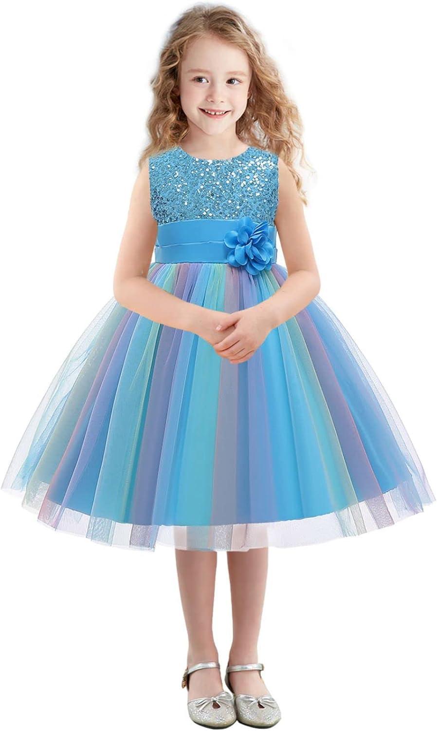 Rochita Curcubeu de Printesa pentru fete, Zi de zi, Petrecere, Tesatura Fina, 7 - 8 ani, 150 cm, Albastru - costumecarnaval - serbare.ro