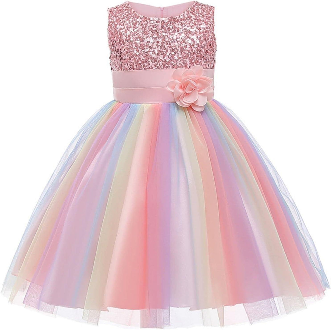 Rochita Curcubeu de Printesa pentru fete, Zi de zi, Petrecere, Tesatura Fina, 7 - 8 ani, 150 cm, Roz - costumecarnaval - serbare.ro